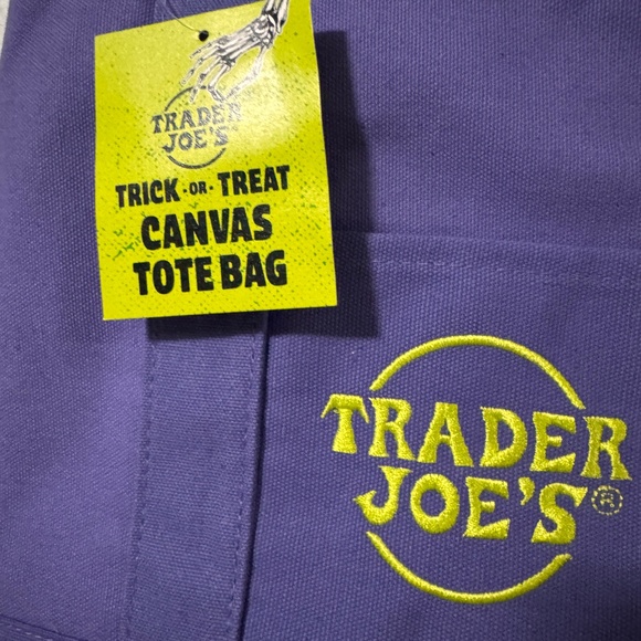 NWT Trader Joes Mini Canvas Tote Bag Halloween Limited Edition Purple & Green - Picture 2 of 2